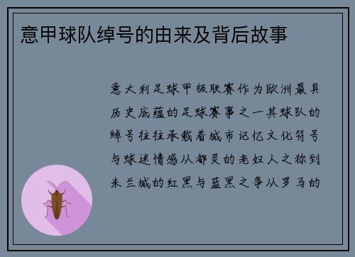 意甲球队绰号的由来及背后故事